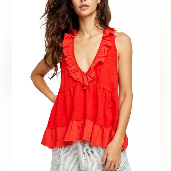 FREE PEOPLE “Out And About” Linen-Blend Ruffle Tiered Deep V-Neck Tank Top Red S - Picture 8 of 10